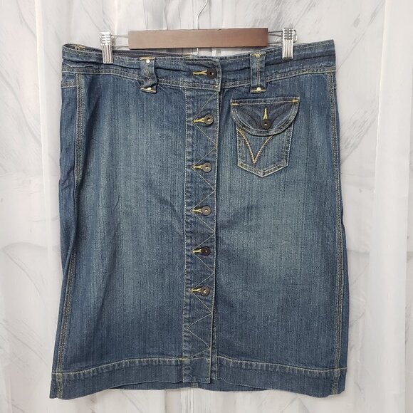 Venezia Blue Denim Button Down Knee Length Boho Western Skirt Size 14 - Picture 1 of 10